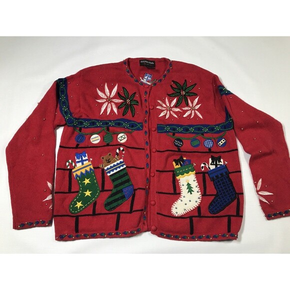 Hampshire Studio Vintage Red Embroidered Christmas Sweater Cardigan Size L - Picture 3 of 11